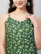 InWeave Women's Green Bagh Print Spaghetti Kurta Zig Zag Palazzo Set | Grocsy