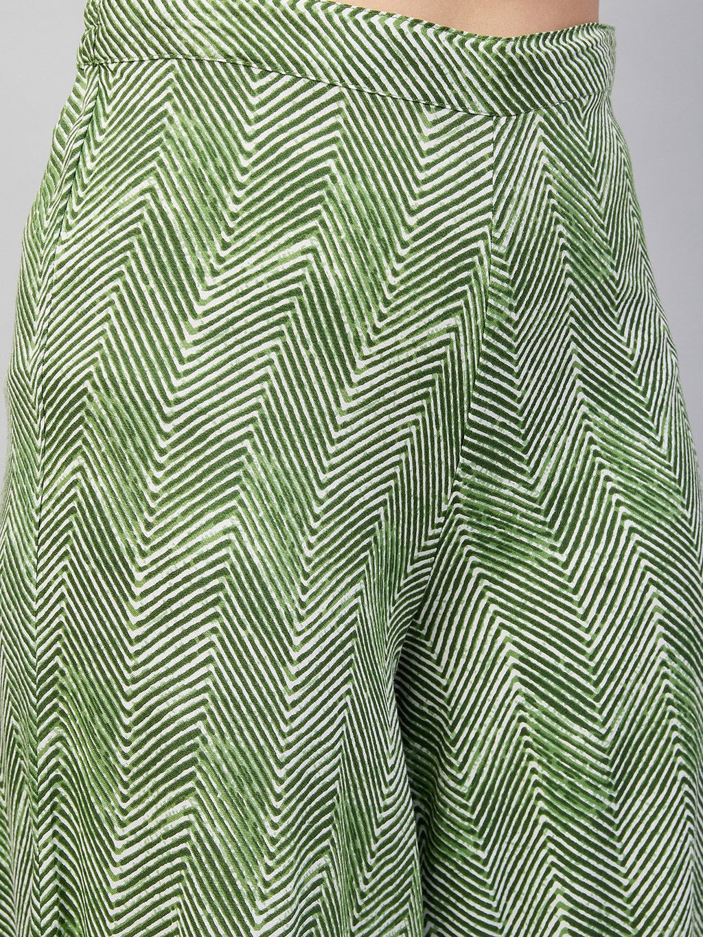 InWeave Women's Green Bagh Print Spaghetti Kurta Zig Zag Palazzo Set | Grocsy