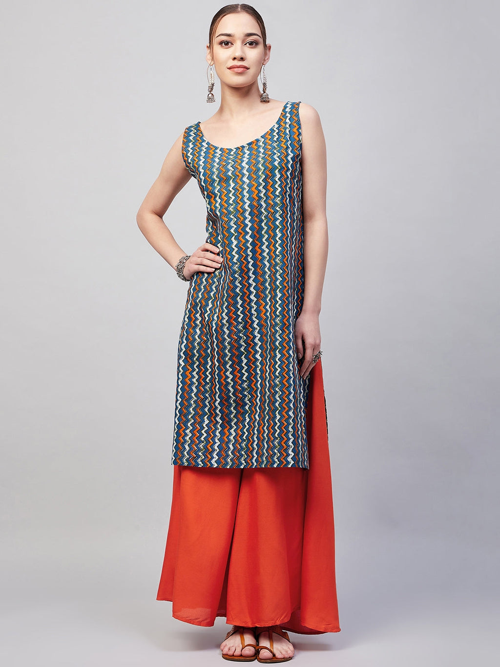 InWeave Women's Blue Orange Zig Zag Straight Orange Palazzo Set | Grocsy