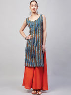 InWeave Women's Blue Orange Zig Zag Straight Orange Palazzo Set | Grocsy