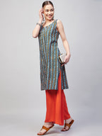 InWeave Women's Blue Orange Zig Zag Straight Orange Palazzo Set | Grocsy