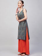 InWeave Women's Blue Orange Zig Zag Straight Orange Palazzo Set | Grocsy