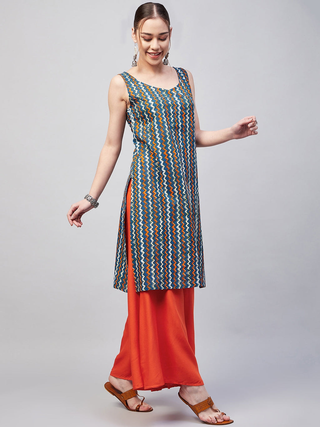 InWeave Women's Blue Orange Zig Zag Straight Orange Palazzo Set | Grocsy