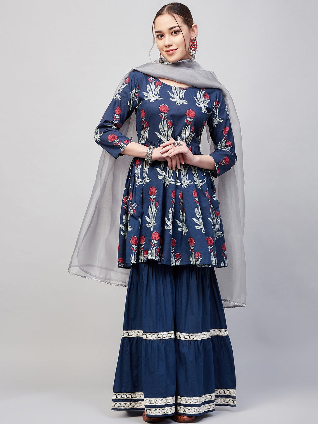 InWeave Women's Indigo Boota Sharara Set With Grey Or Dupatta | Grocsy