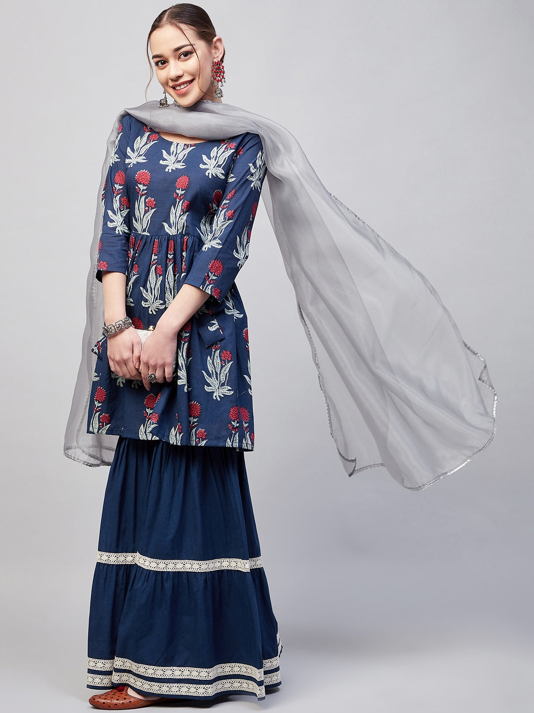 InWeave Women's Indigo Boota Sharara Set With Grey Or Dupatta | Grocsy