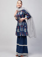 InWeave Women's Indigo Boota Sharara Set With Grey Or Dupatta | Grocsy