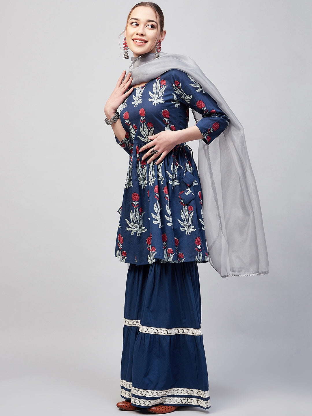 InWeave Women's Indigo Boota Sharara Set With Grey Or Dupatta | Grocsy