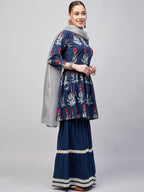 InWeave Women's Indigo Boota Sharara Set With Grey Or Dupatta | Grocsy
