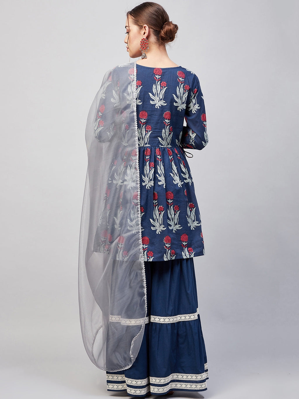 InWeave Women's Indigo Boota Sharara Set With Grey Or Dupatta | Grocsy