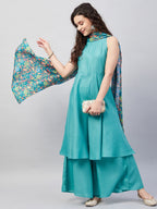 InWeave Women's Teal Lurex Boho Kurta Set W Teal Camelia Cr Dupatta | Grocsy
