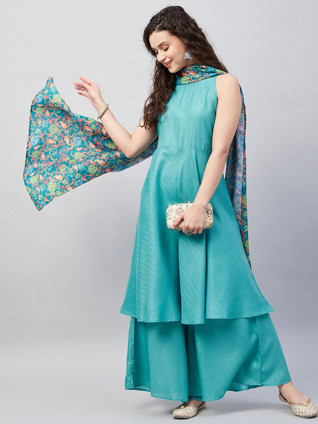 InWeave Women's Teal Lurex Boho Kurta Set W Teal Camelia Cr Dupatta | Grocsy