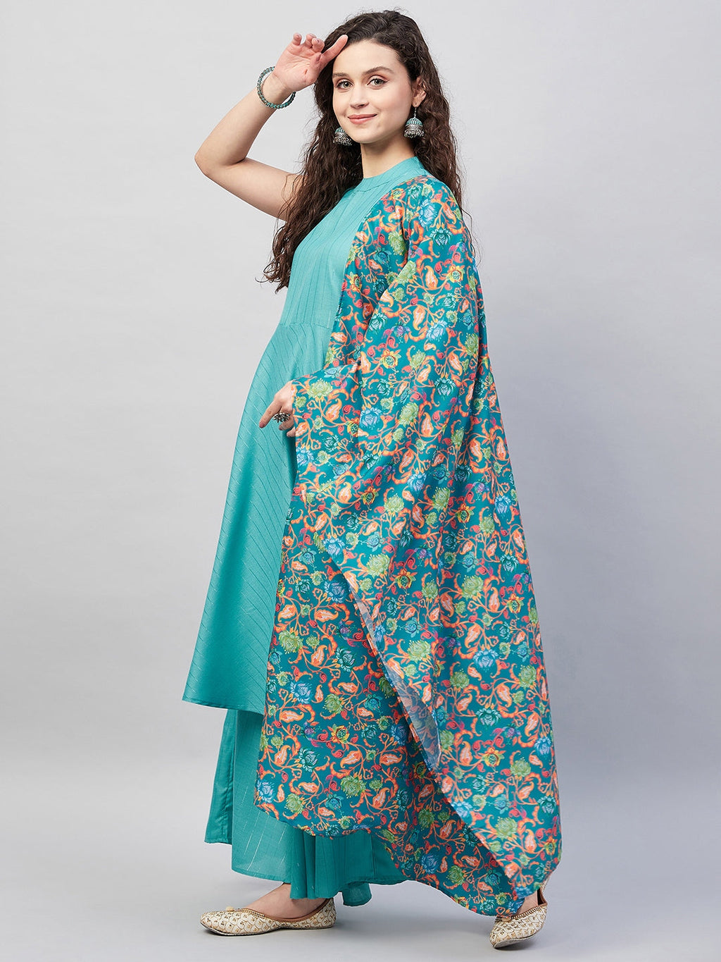 InWeave Women's Teal Lurex Boho Kurta Set W Teal Camelia Cr Dupatta | Grocsy