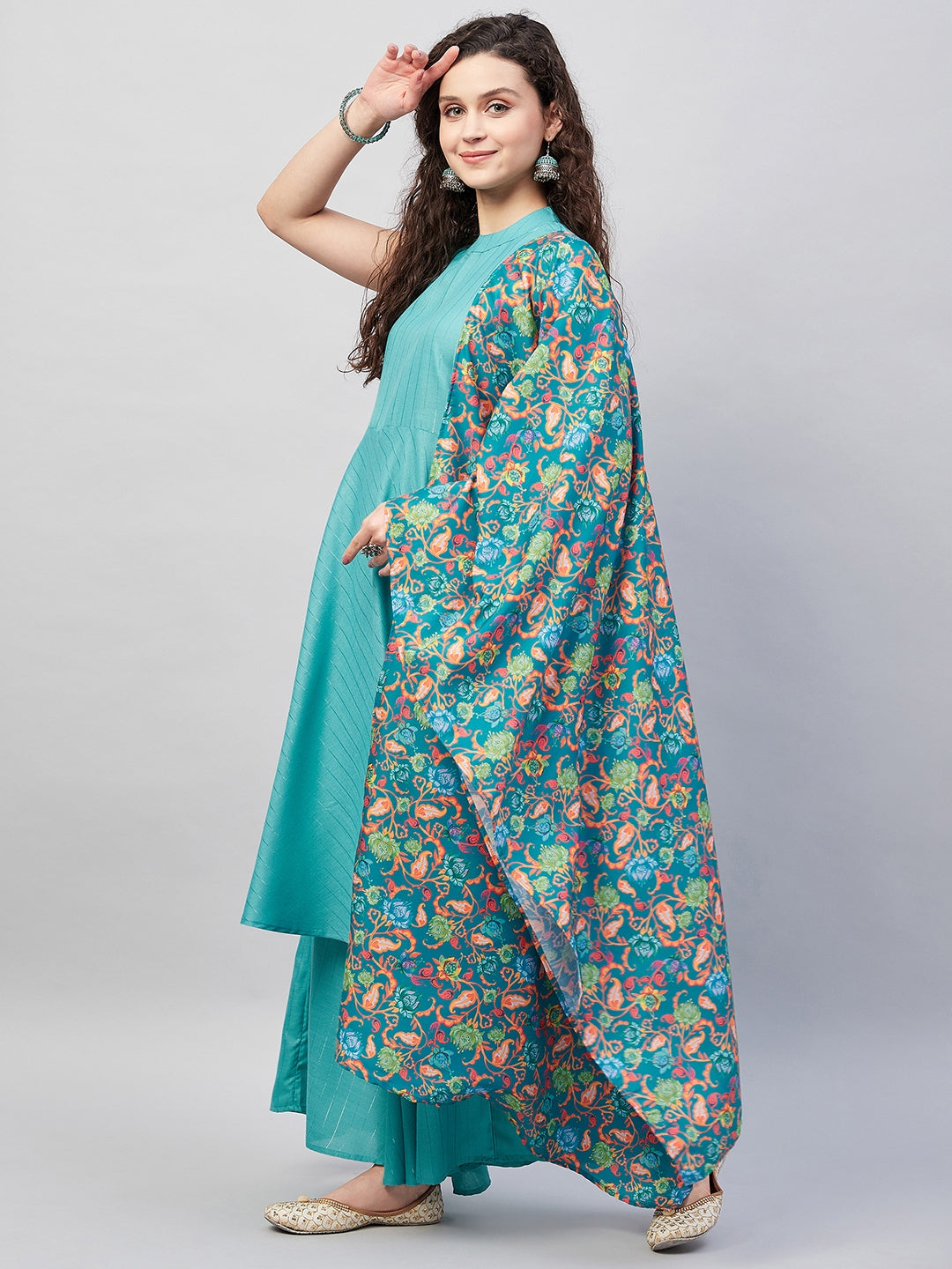 InWeave Women's Teal Lurex Boho Kurta Set W Teal Camelia Cr Dupatta | Grocsy