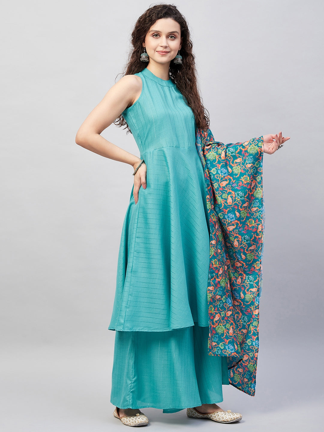 InWeave Women's Teal Lurex Boho Kurta Set W Teal Camelia Cr Dupatta | Grocsy