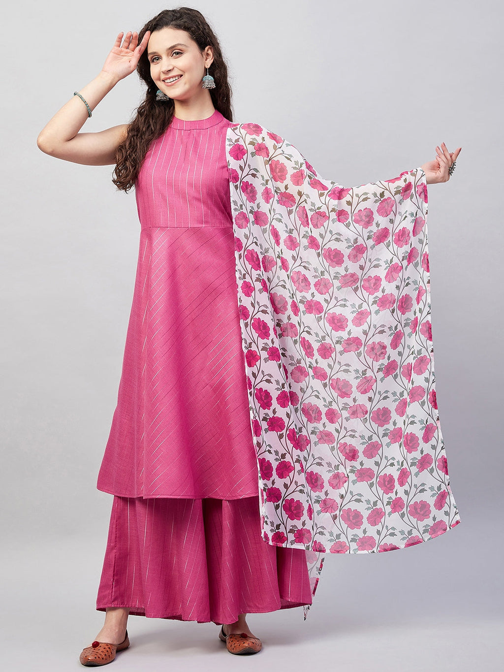 InWeave Women's Fuchsia Lurex Boho Kurta Set W White Fuchsia Ge Dupatta | Grocsy