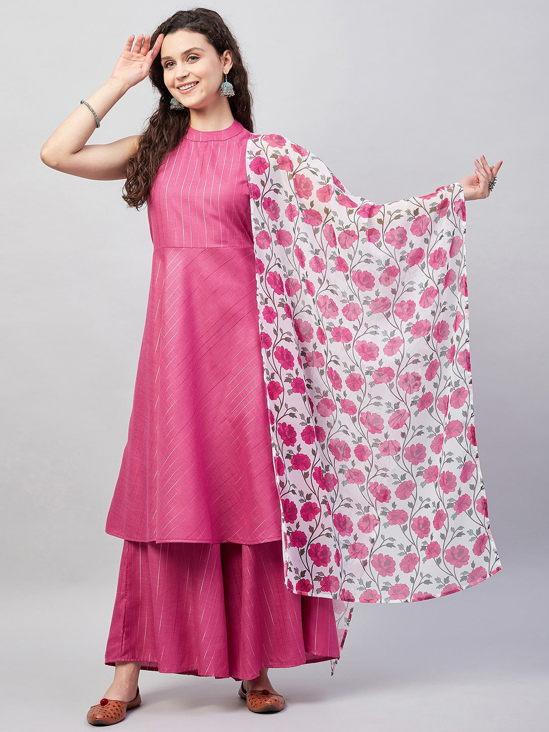 InWeave Women's Fuchsia Lurex Boho Kurta Set W White Fuchsia Ge Dupatta | Grocsy