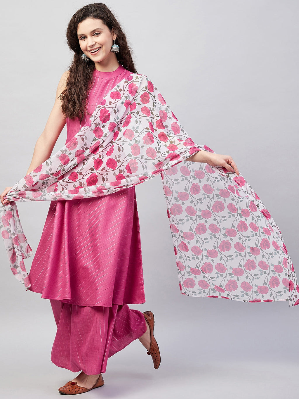 InWeave Women's Fuchsia Lurex Boho Kurta Set W White Fuchsia Ge Dupatta | Grocsy