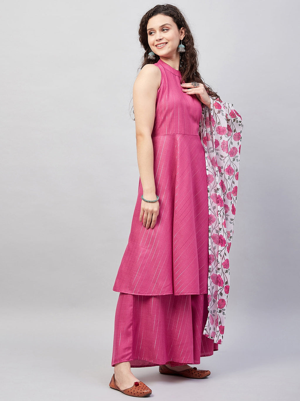 InWeave Women's Fuchsia Lurex Boho Kurta Set W White Fuchsia Ge Dupatta | Grocsy