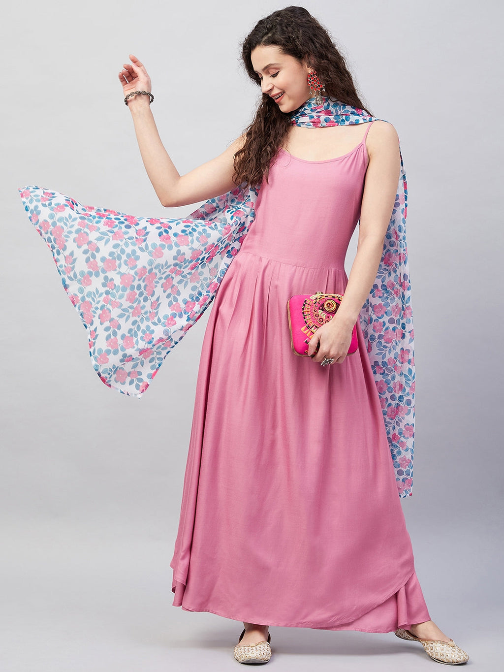 InWeave Women's Light Pink Strappy Set W White Blue Pink Ge Dupatta | Grocsy