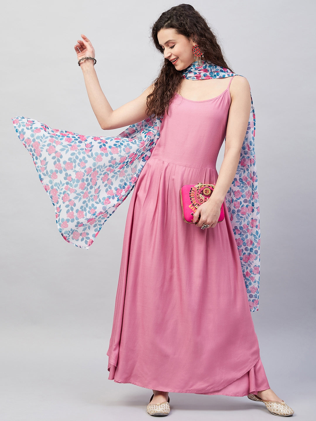 InWeave Women's Light Pink Strappy Set W White Blue Pink Ge Dupatta | Grocsy