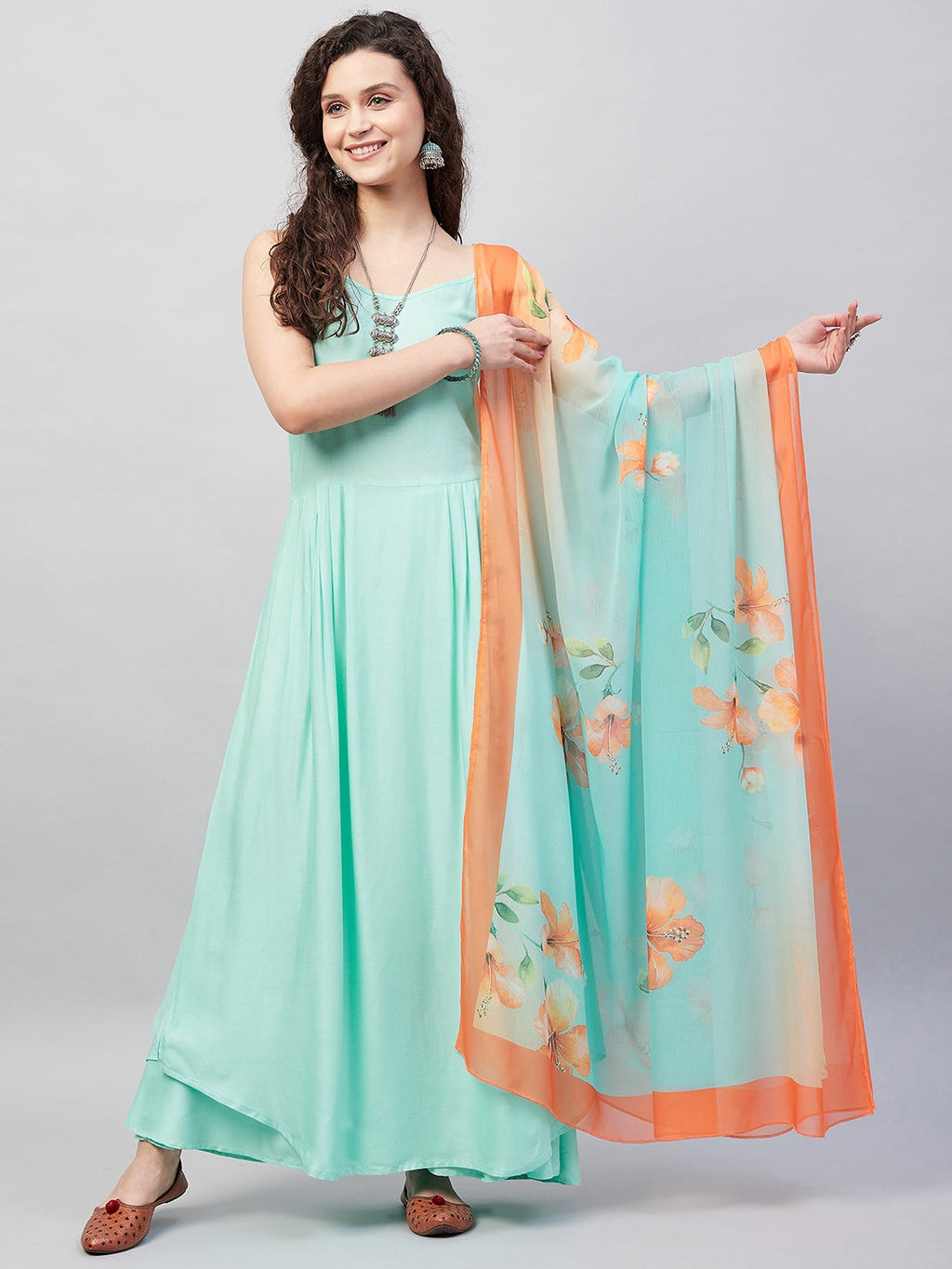 InWeave Women's Sky Blue Strappy Set W Aqua Orange Ge Dupatta | Grocsy