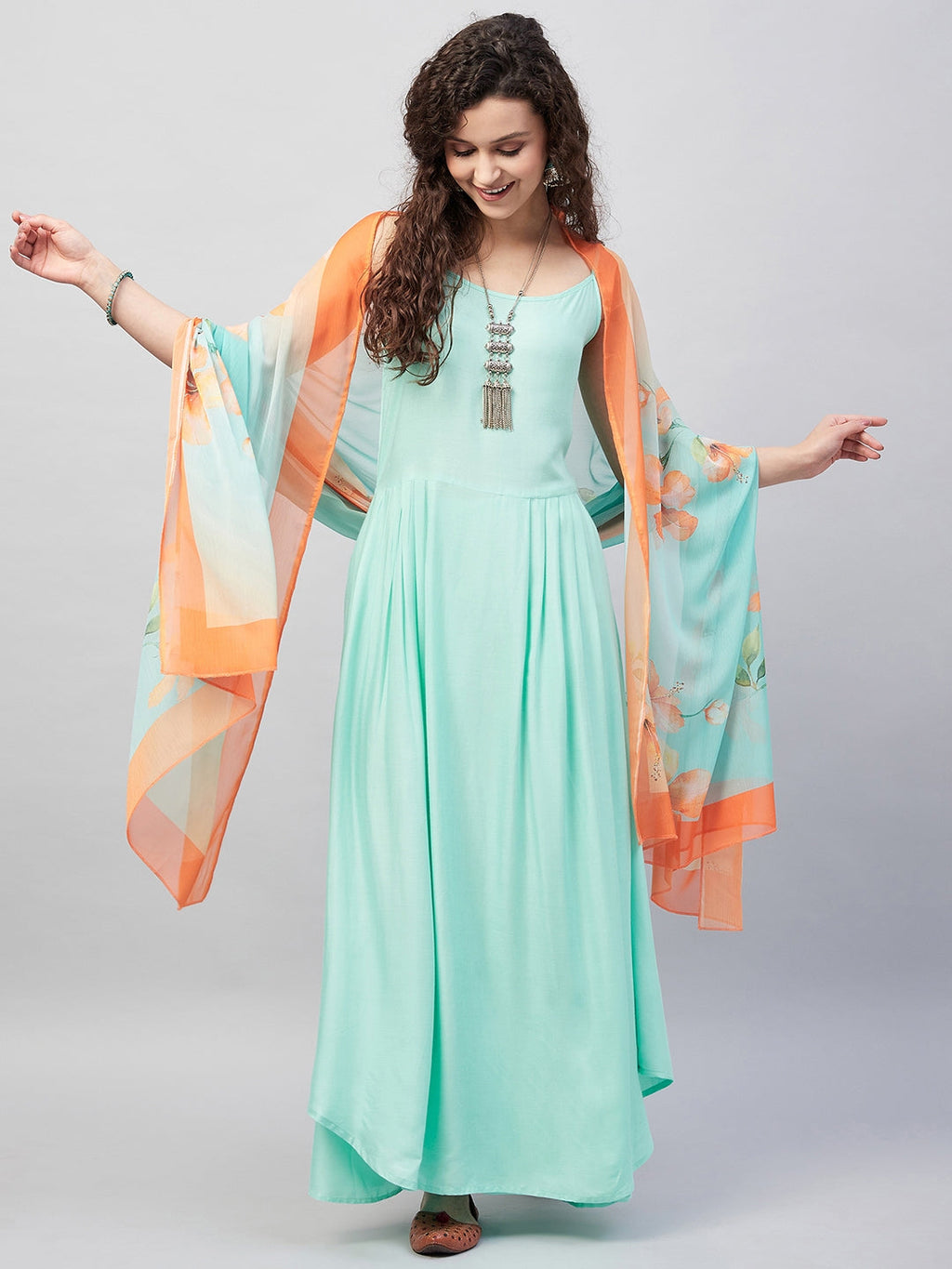 InWeave Women's Sky Blue Strappy Set W Aqua Orange Ge Dupatta | Grocsy