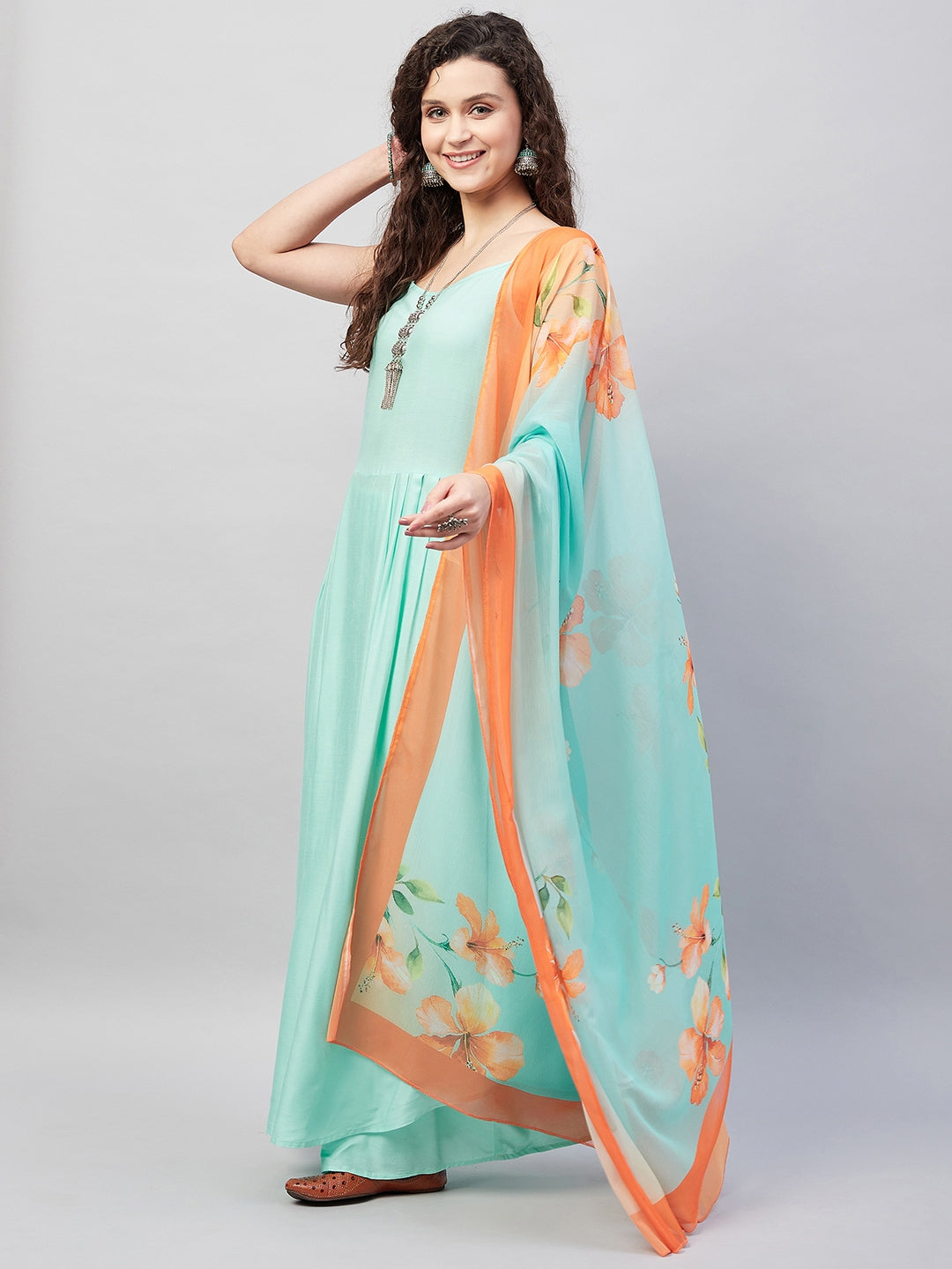 InWeave Women's Sky Blue Strappy Set W Aqua Orange Ge Dupatta | Grocsy