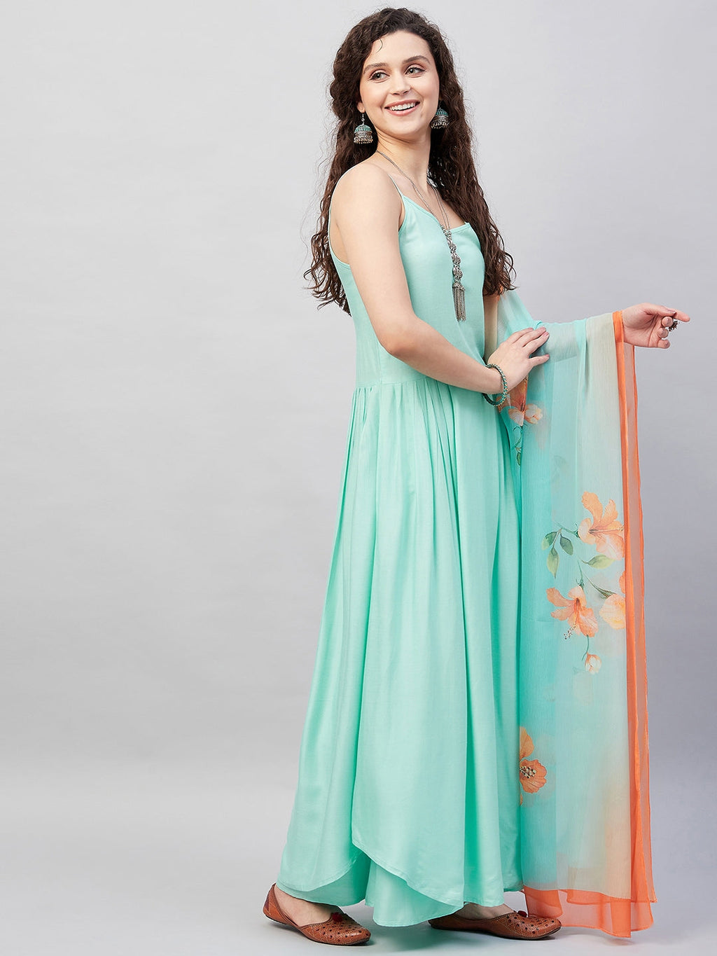InWeave Women's Sky Blue Strappy Set W Aqua Orange Ge Dupatta | Grocsy