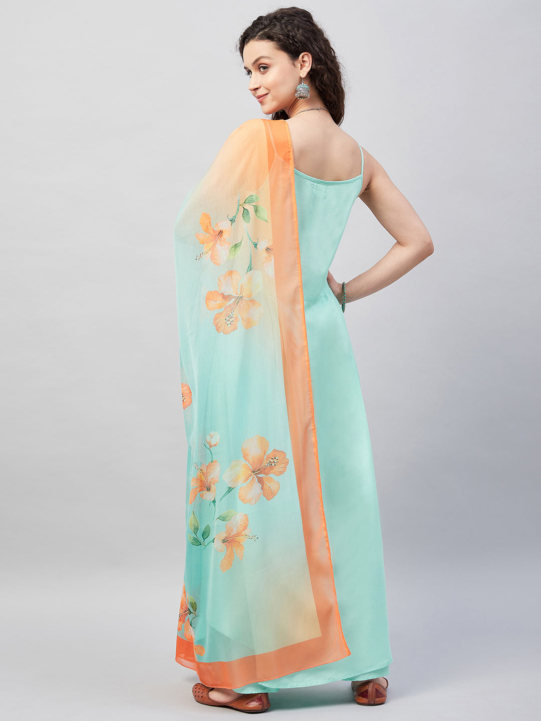 InWeave Women's Sky Blue Strappy Set W Aqua Orange Ge Dupatta | Grocsy