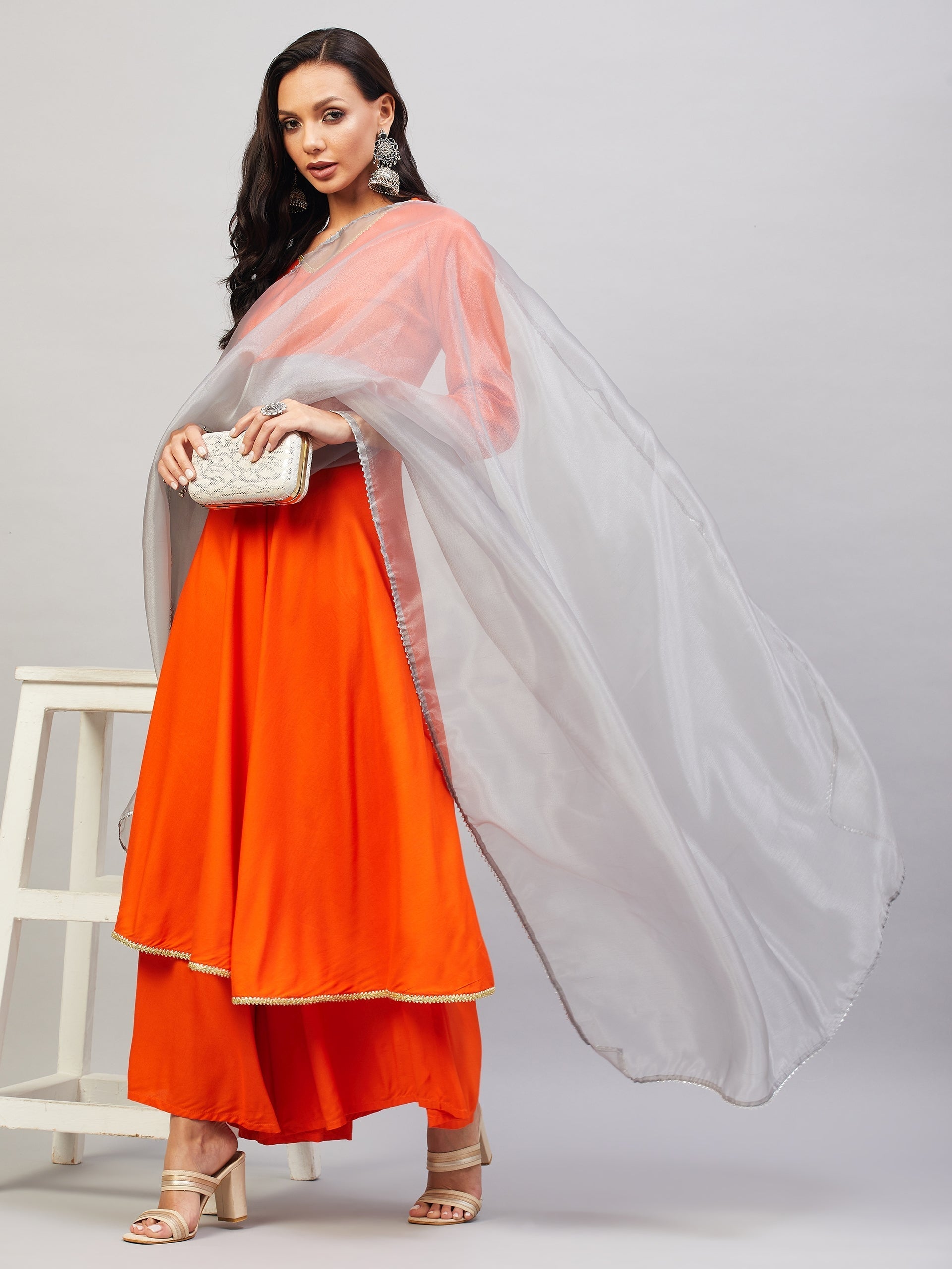 InWeave Women's Orange Gota Long Kurta Set W Grey Gota Or Dupatta | Grocsy