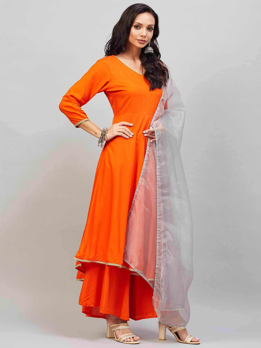 InWeave Women's Orange Gota Long Kurta Set W Grey Gota Or Dupatta | Grocsy