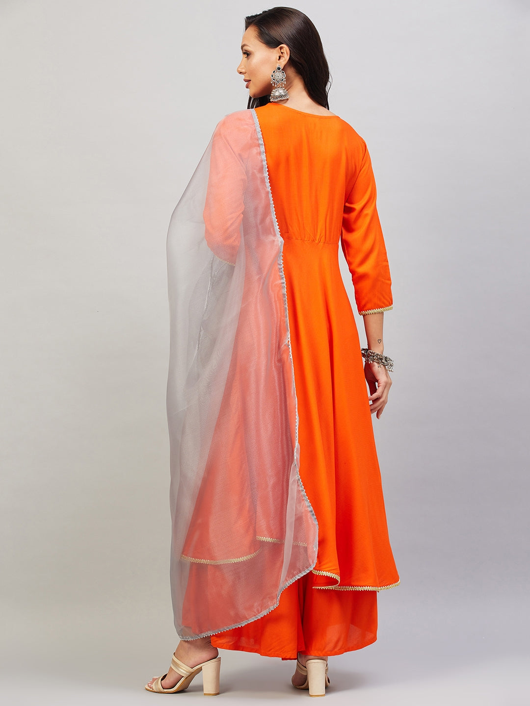 InWeave Women's Orange Gota Long Kurta Set W Grey Gota Or Dupatta | Grocsy