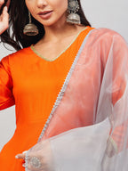 InWeave Women's Orange Gota Long Kurta Set W Grey Gota Or Dupatta | Grocsy