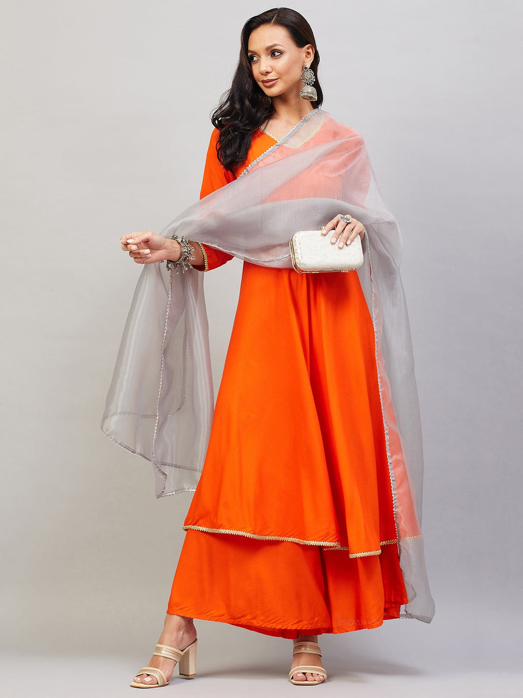 InWeave Women's Orange Gota Long Kurta Set W Grey Gota Or Dupatta | Grocsy
