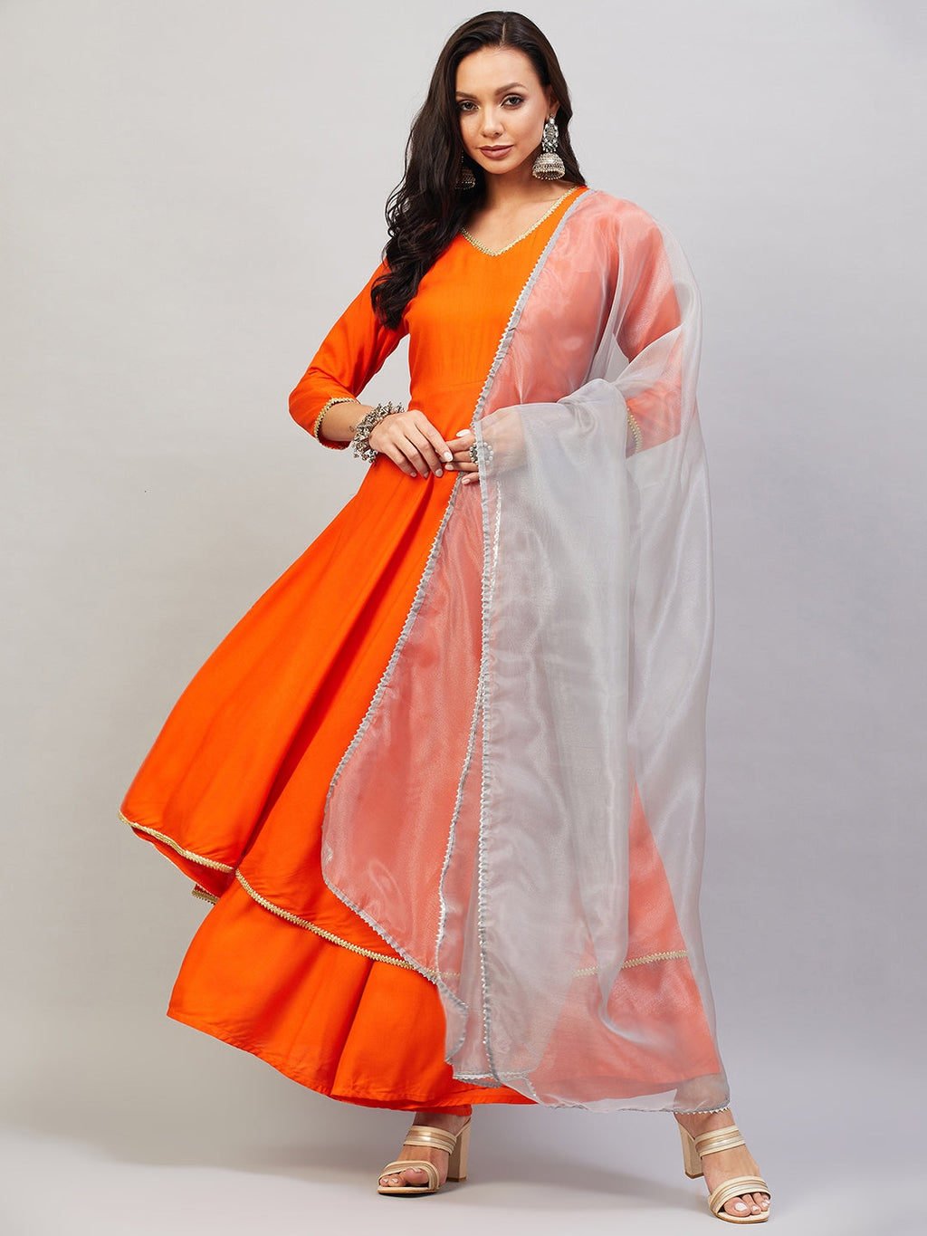 InWeave Women's Orange Gota Long Kurta Set W Grey Gota Or Dupatta | Grocsy