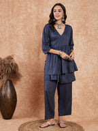 InWeave Women's Dark Teal Lurex High Low Angrakha Tie Up Kurta Set | Grocsy