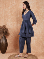 InWeave Women's Dark Teal Lurex High Low Angrakha Tie Up Kurta Set | Grocsy