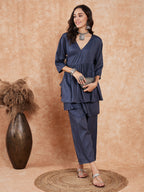 InWeave Women's Dark Teal Lurex High Low Angrakha Tie Up Kurta Set | Grocsy