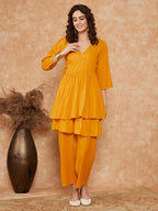 InWeave Women's Mustrad Lurex High Low Angrakha Tie Up Kurta Set | Grocsy
