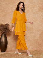 InWeave Women's Mustrad Lurex High Low Angrakha Tie Up Kurta Set | Grocsy