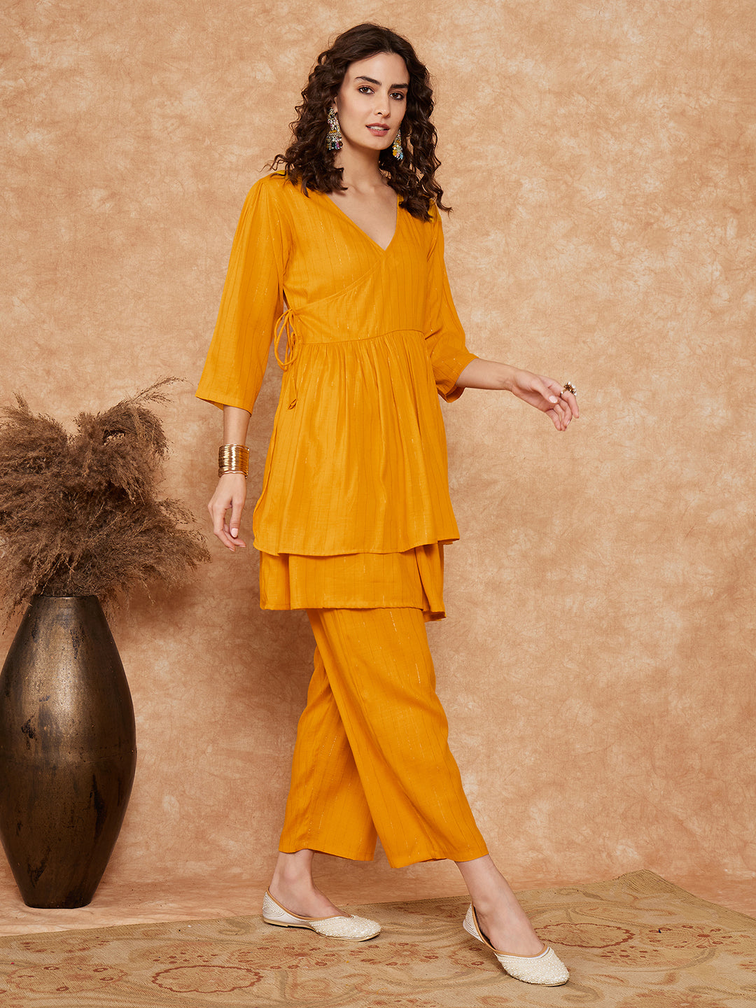 InWeave Women's Mustrad Lurex High Low Angrakha Tie Up Kurta Set | Grocsy