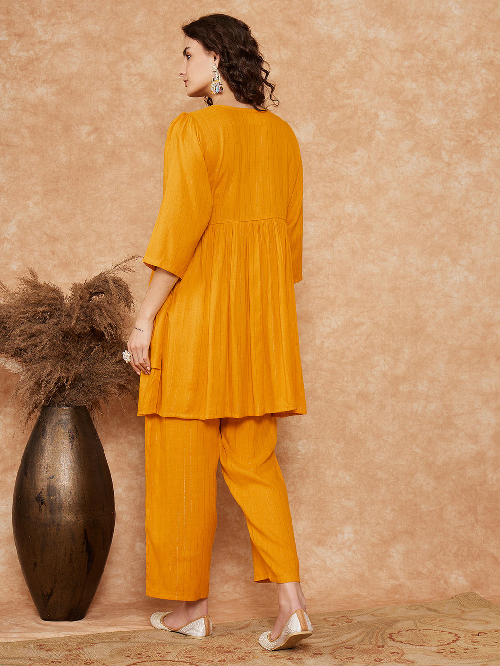 InWeave Women's Mustrad Lurex High Low Angrakha Tie Up Kurta Set | Grocsy
