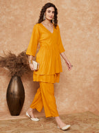 InWeave Women's Mustrad Lurex High Low Angrakha Tie Up Kurta Set | Grocsy