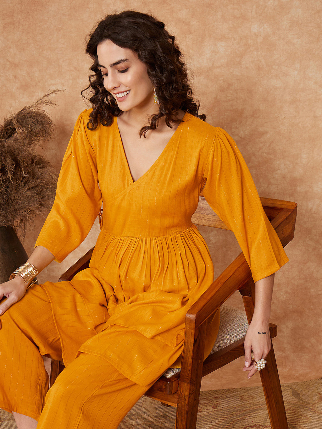 InWeave Women's Mustrad Lurex High Low Angrakha Tie Up Kurta Set | Grocsy
