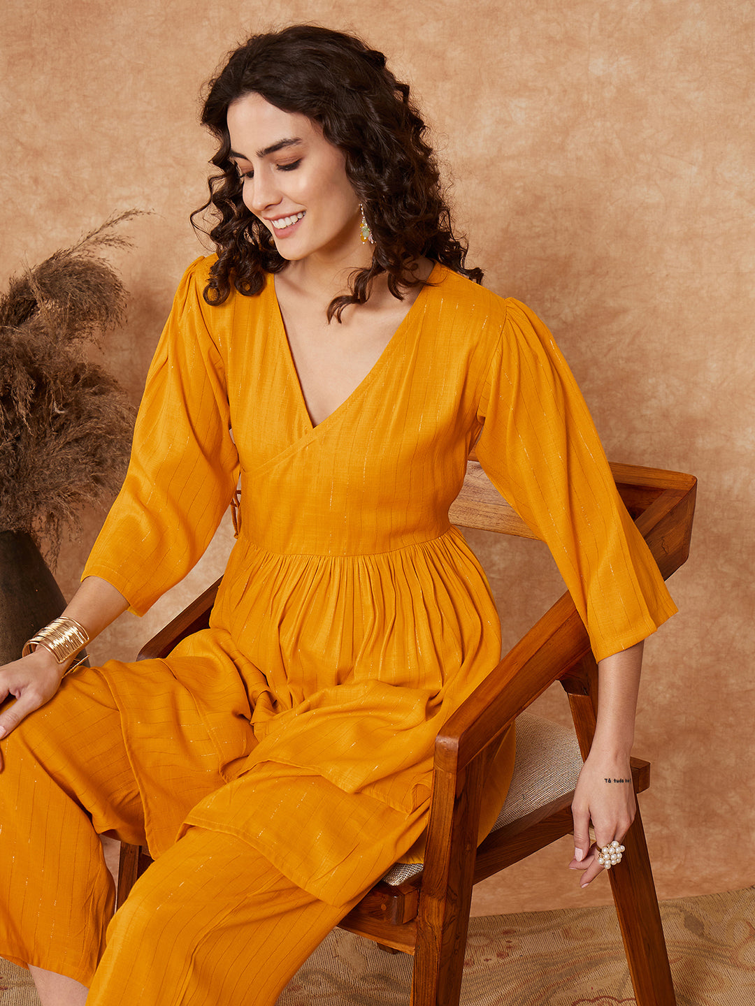 InWeave Women's Mustrad Lurex High Low Angrakha Tie Up Kurta Set | Grocsy