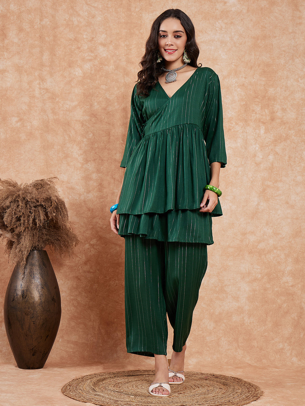 InWeave Women's Pine Green Lurex High Low Angrakha Tie Up Kurta Set | Grocsy