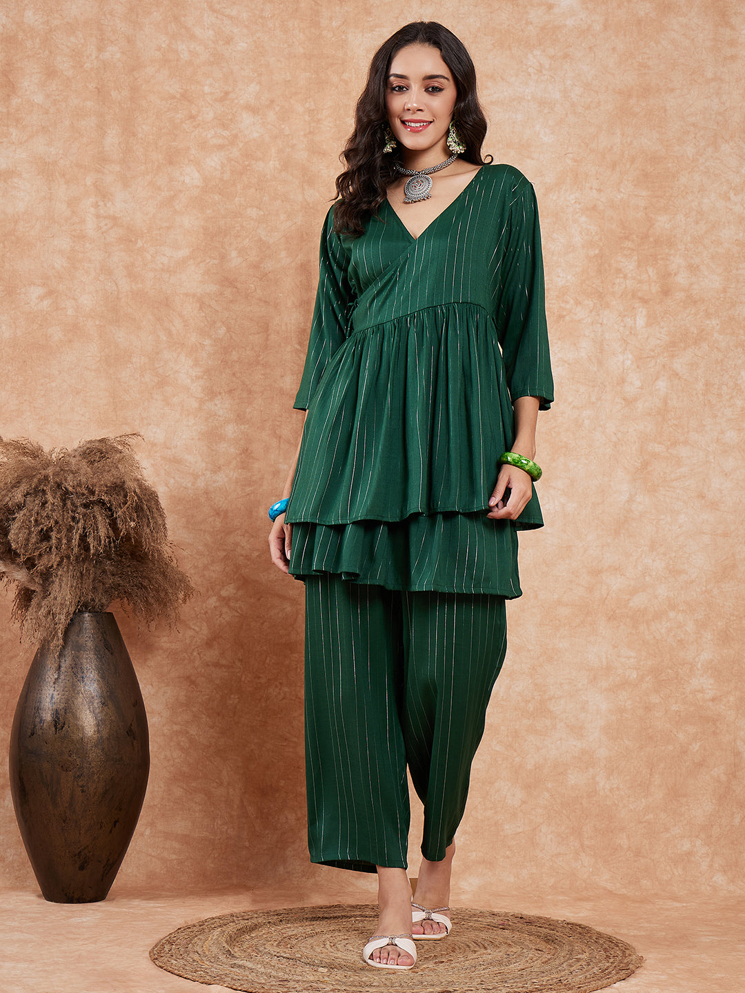 InWeave Women's Pine Green Lurex High Low Angrakha Tie Up Kurta Set | Grocsy