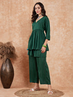 InWeave Women's Pine Green Lurex High Low Angrakha Tie Up Kurta Set | Grocsy