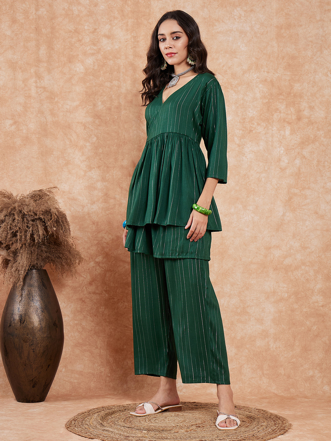 InWeave Women's Pine Green Lurex High Low Angrakha Tie Up Kurta Set | Grocsy