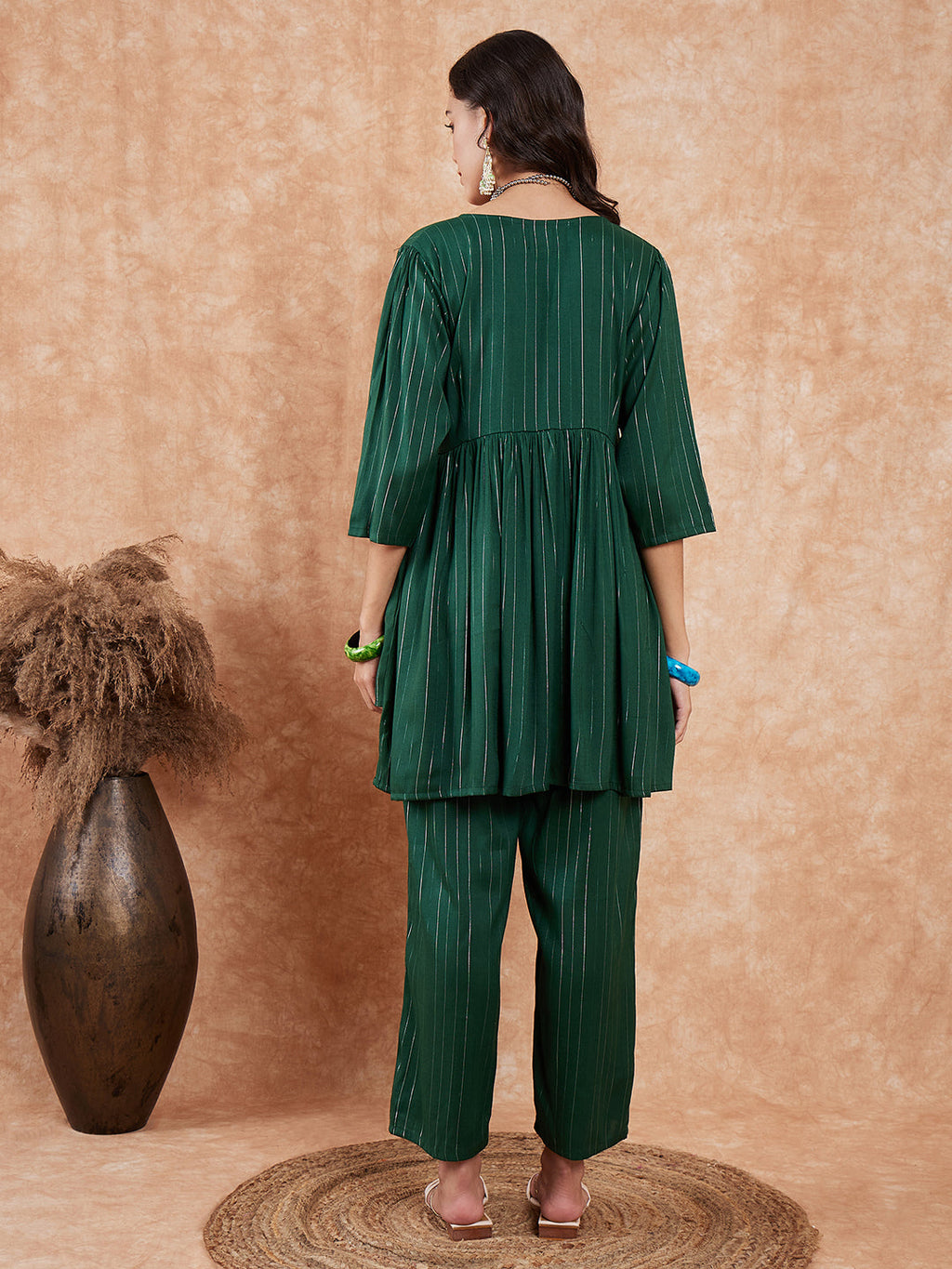 InWeave Women's Pine Green Lurex High Low Angrakha Tie Up Kurta Set | Grocsy
